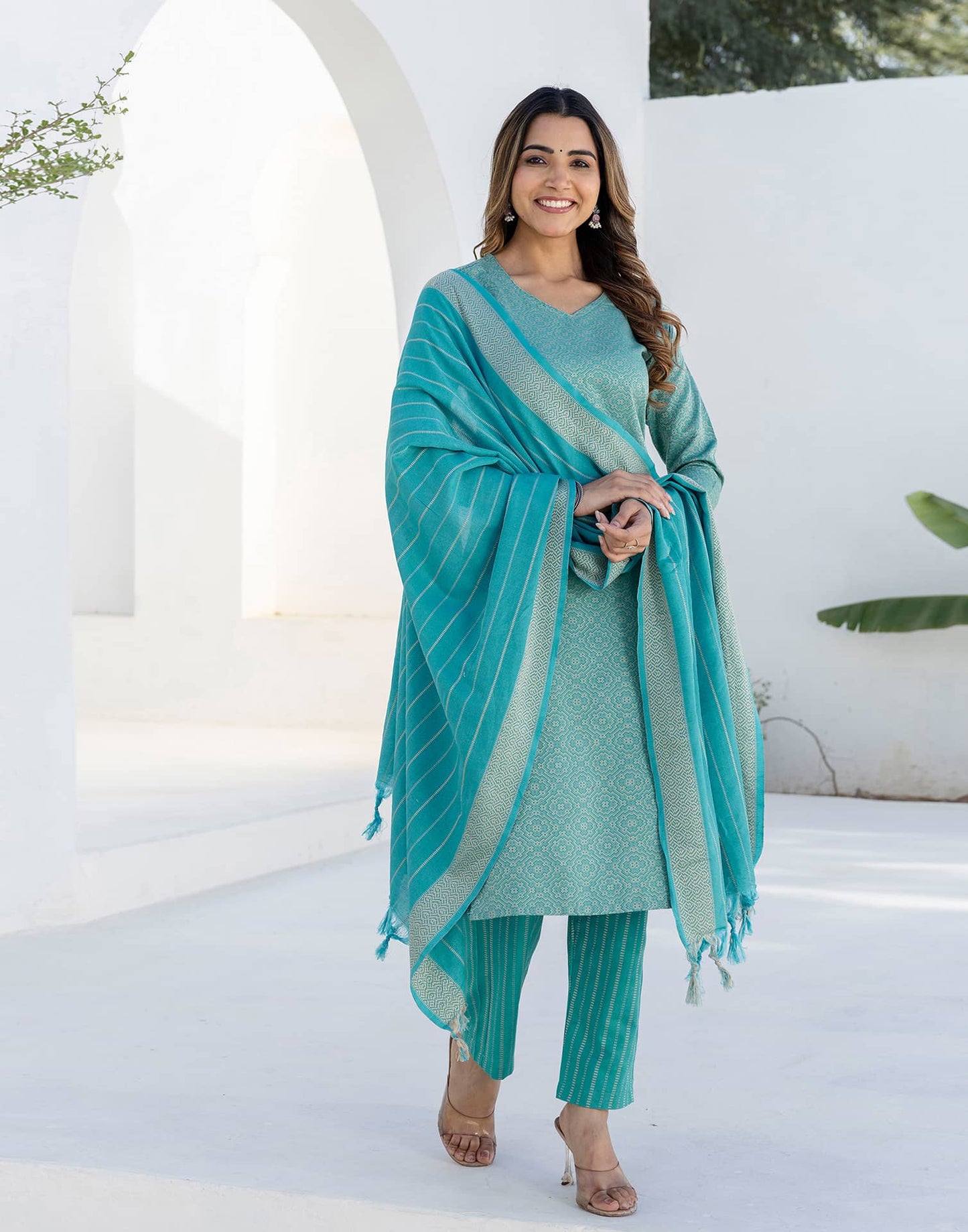 Cotton Weaving A-Line Kurta with Pant & Dupatta
