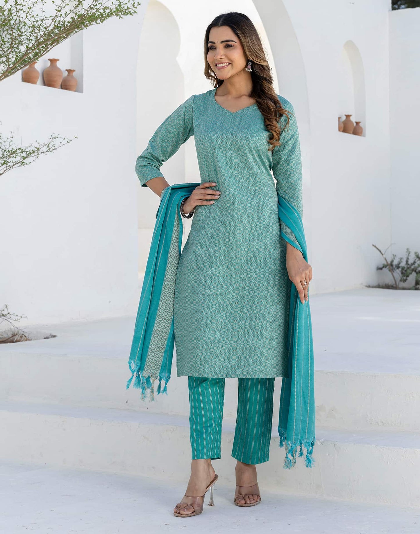 Cotton Weaving A-Line Kurta with Pant & Dupatta