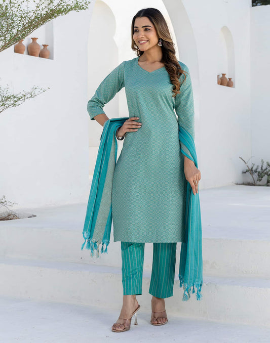 Cotton Weaving A-Line Kurta with Pant & Dupatta