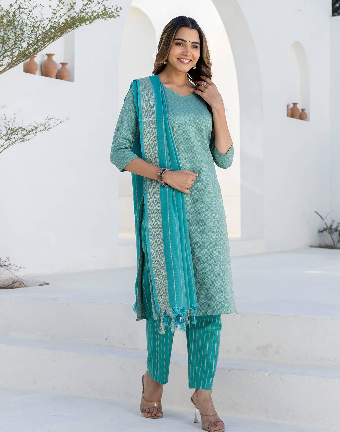 Cotton Weaving A-Line Kurta with Pant & Dupatta