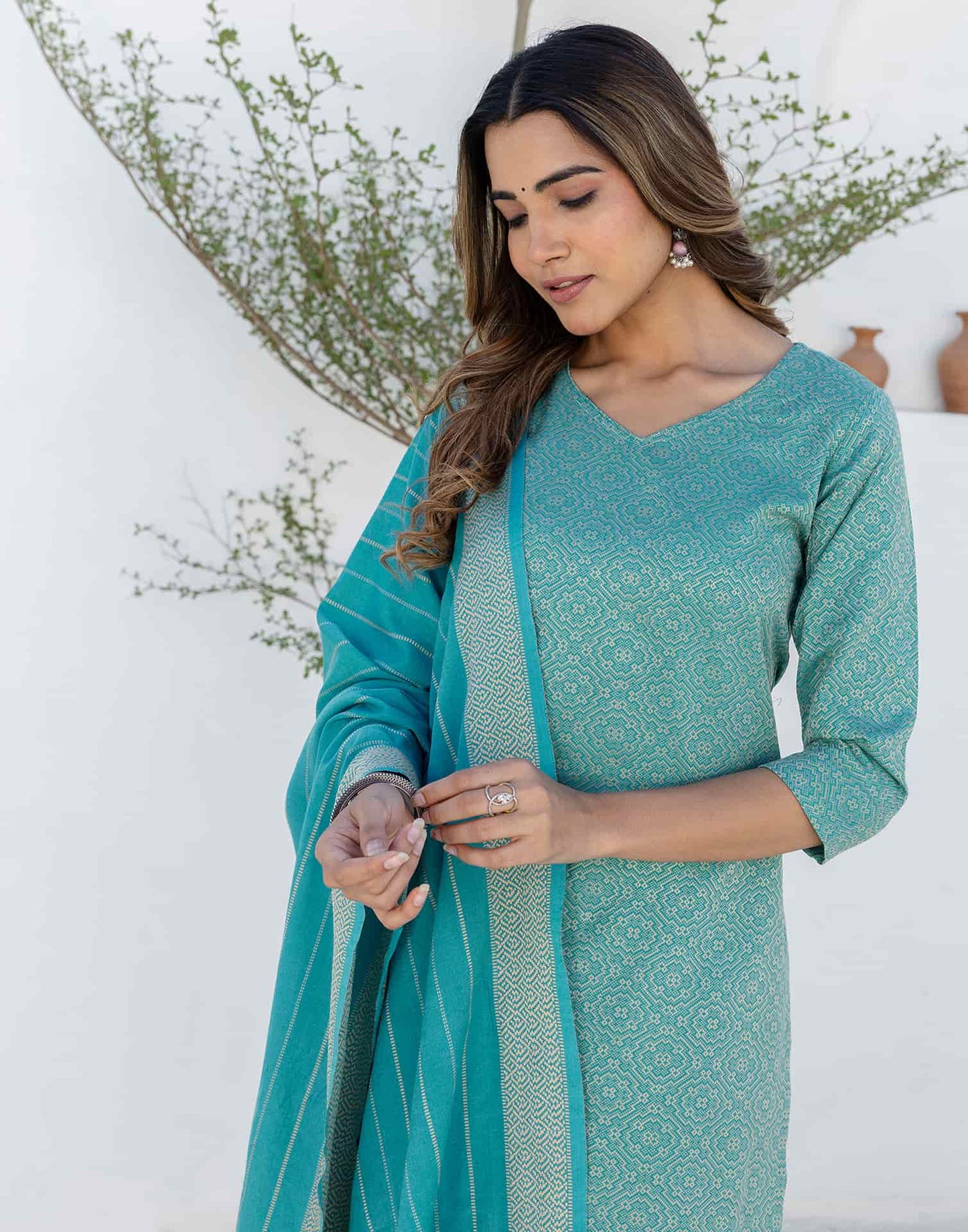 Cotton Weaving A-Line Kurta with Pant & Dupatta