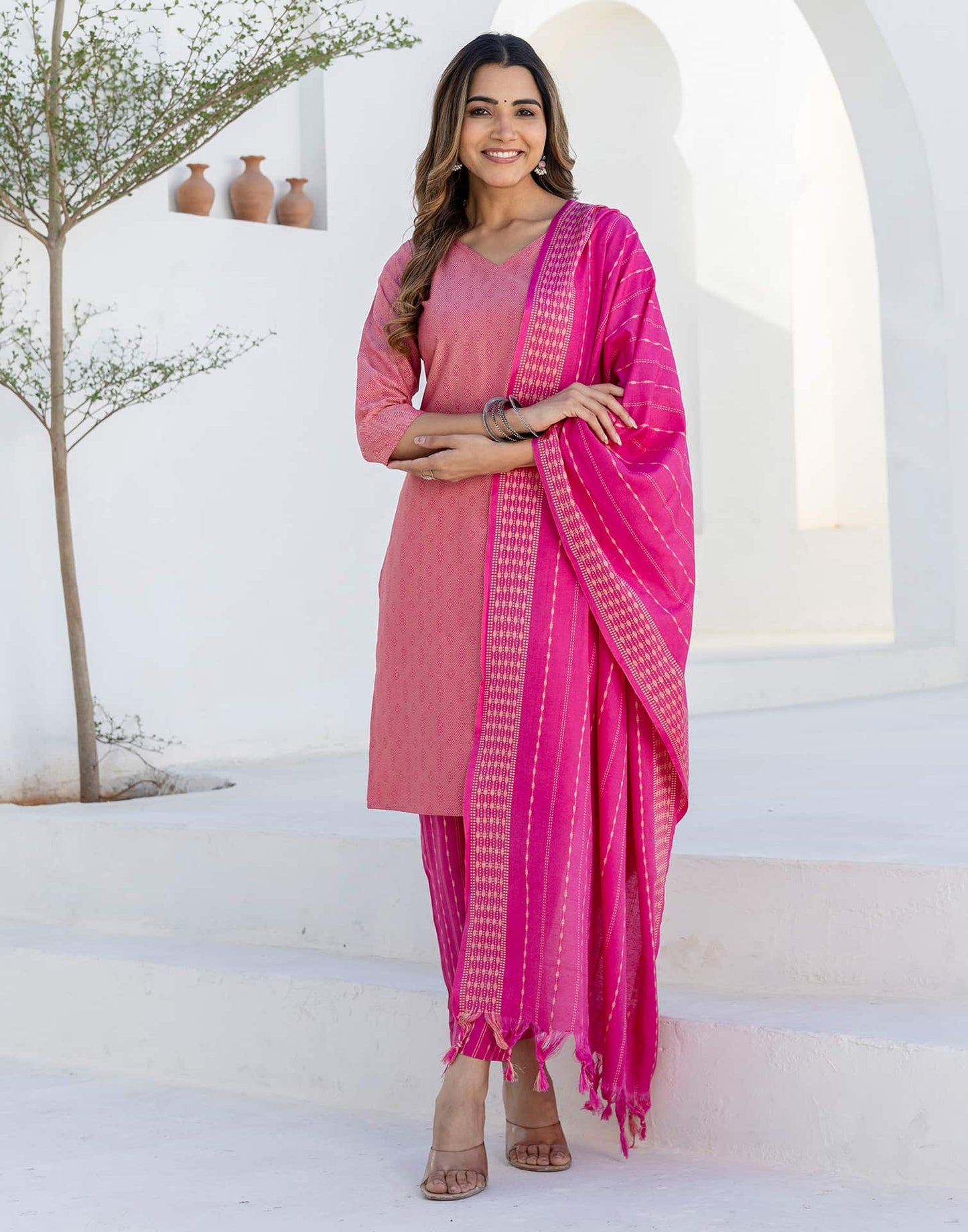 Cotton Weaving A-Line Kurta with Pant & Dupatta