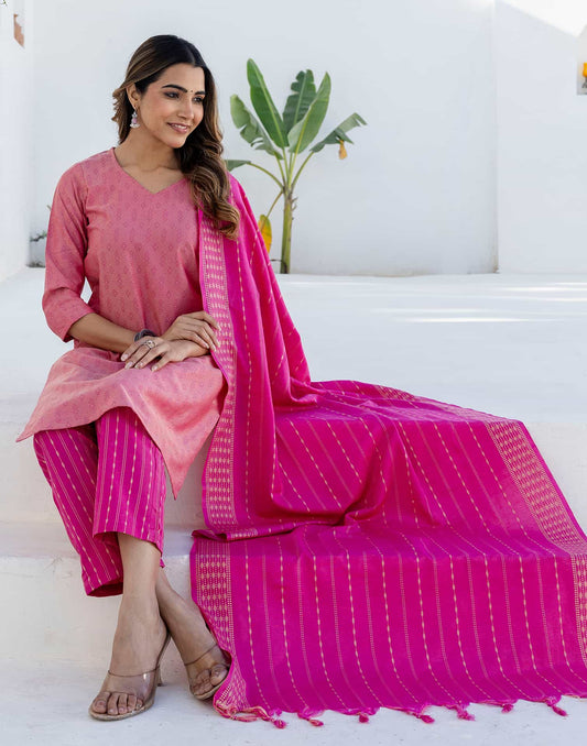 Cotton Weaving A-Line Kurta with Pant & Dupatta