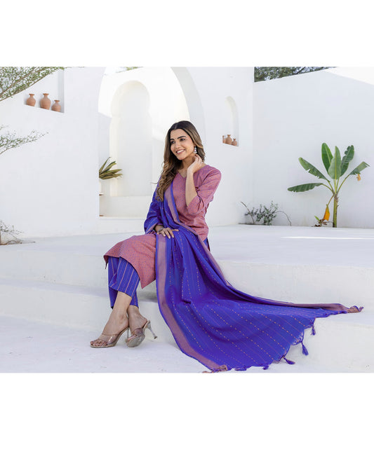 Cotton Weaving A-Line Kurta with Pant & Dupatta