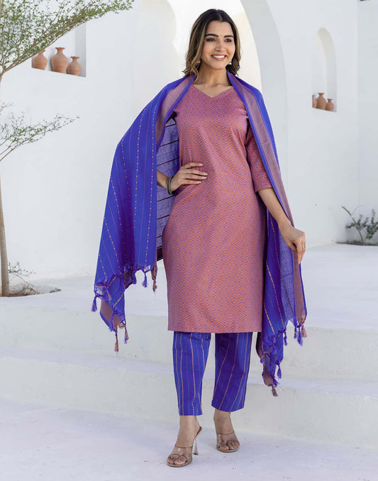 Cotton Weaving A-Line Kurta with Pant & Dupatta