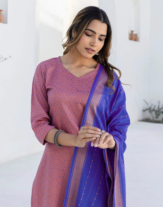 Cotton Woven Straight 3 Piece Kurta Set