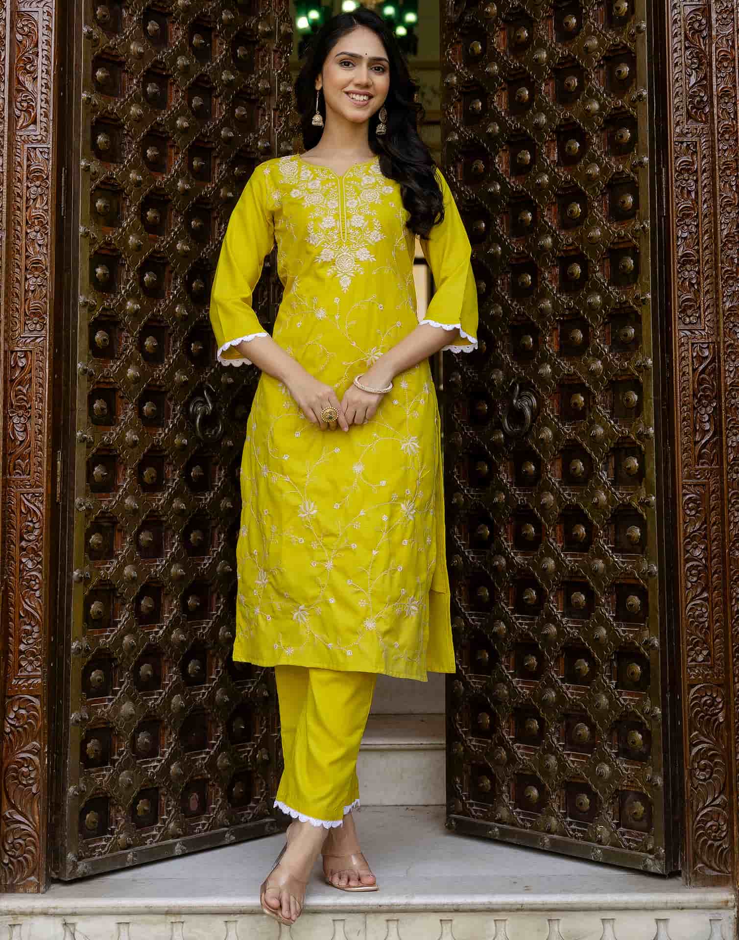 Skylee Cotton Blend Embroidered Straight 3 Piece Kurta Set For Woman