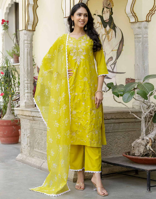 Cotton Blend Embroidery and Sequins Work Straight Kurta with Pant & Dupatta