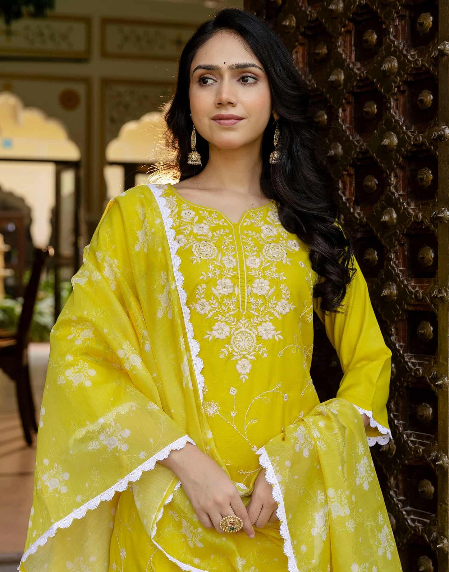 Cotton Blend Embroidery and Sequins Work Straight Kurta with Pant & Dupatta