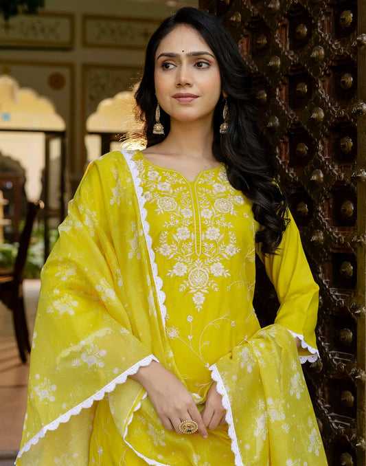 Cotton Blend Embroidered Straight 3 Piece Kurta Set