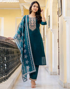 Silk Blend Embroidered Straight 3 Piece Kurta Set
