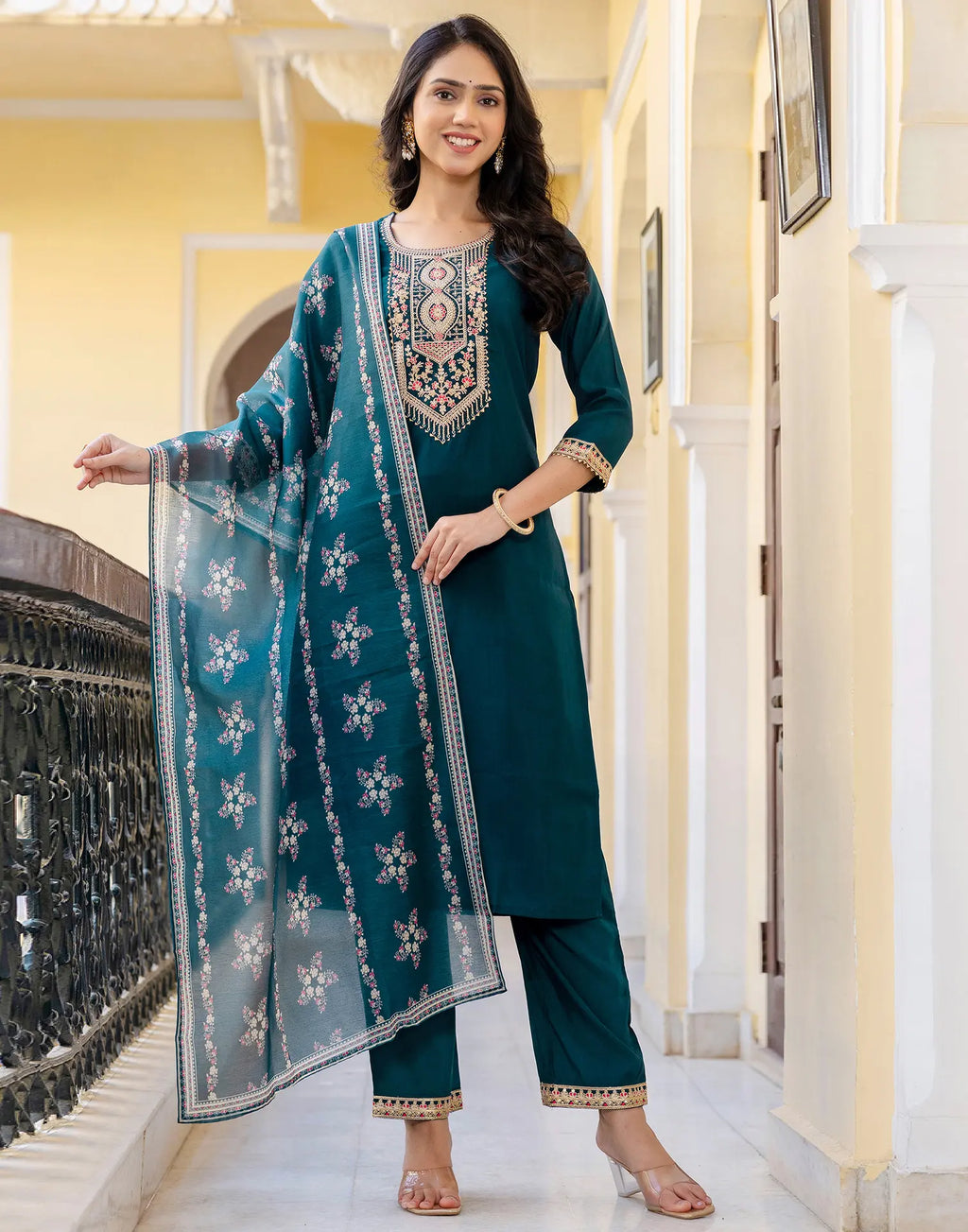 Silk Blend Embroidered Straight 3 Piece Kurta Set