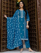 Cotton Blend Embroidered Straight 3 Piece Kurta Set