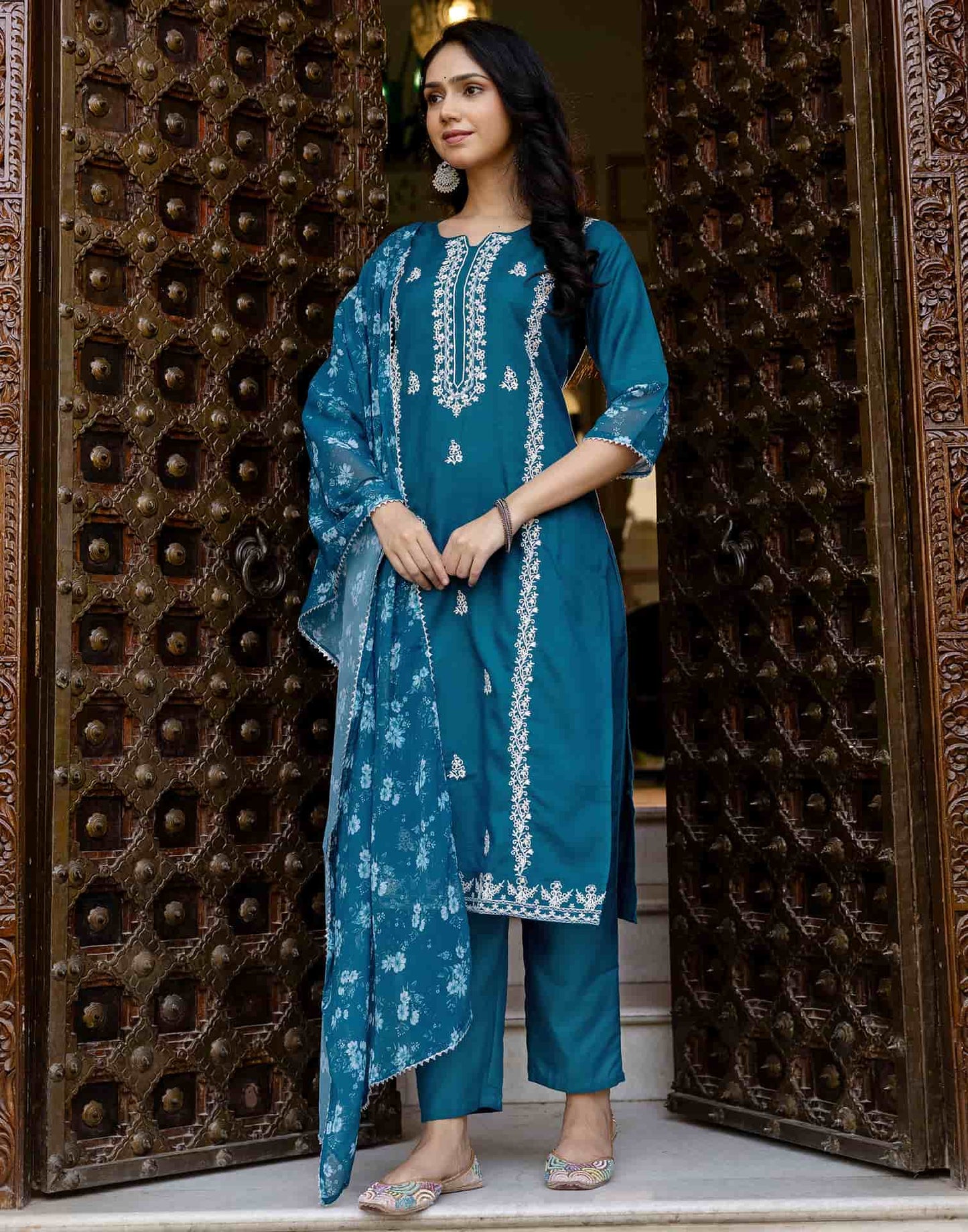 Cotton Blend Embroidery Work and Gota Lace A-Line Kurta with Pant & Dupatta