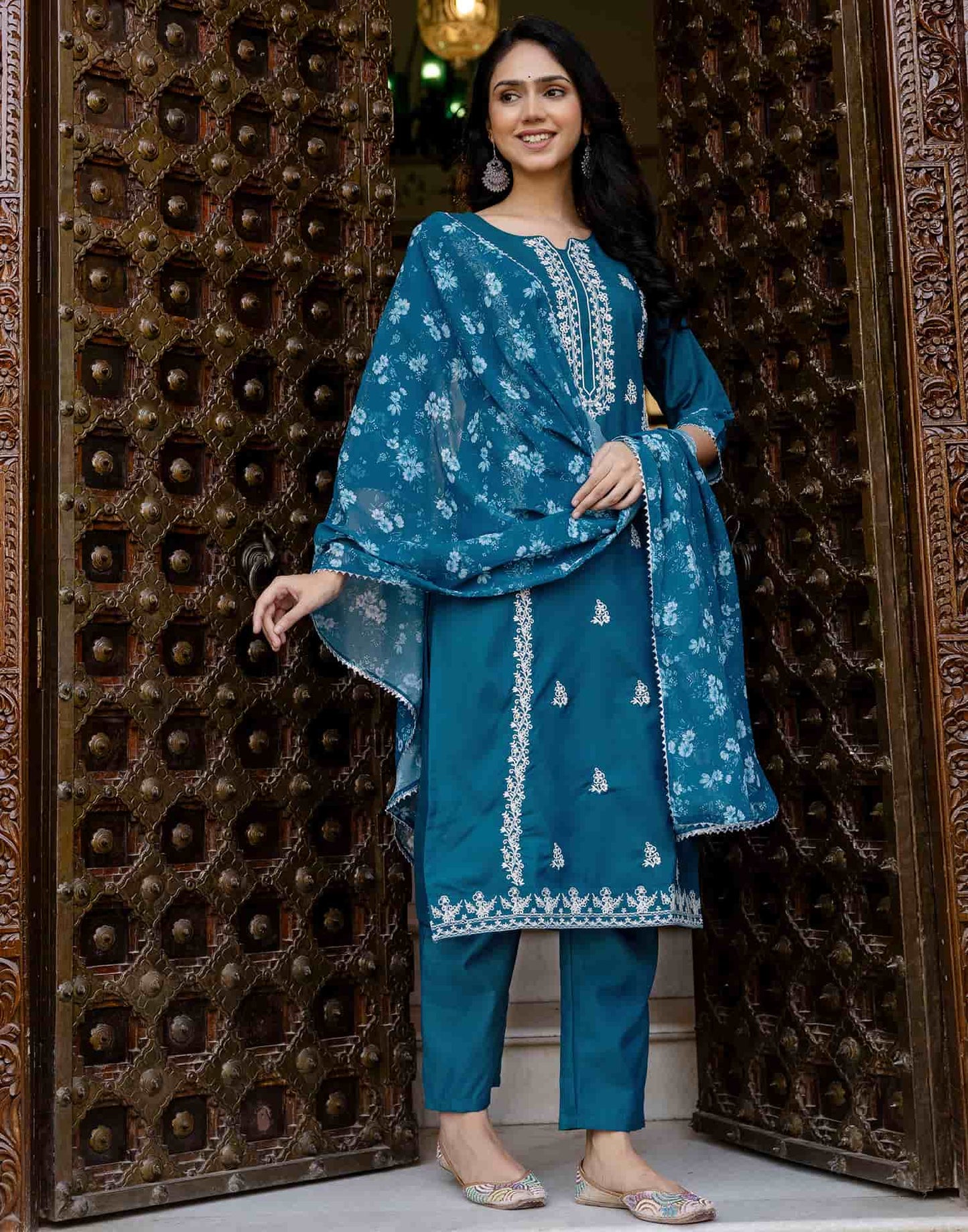 Cotton Blend Embroidery Work and Gota Lace A-Line Kurta with Pant & Dupatta
