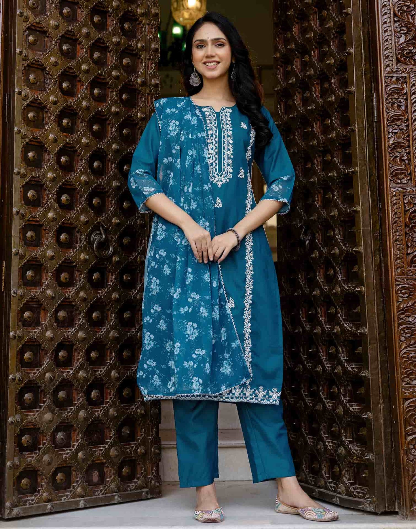 Cotton Blend Embroidery Work and Gota Lace A-Line Kurta with Pant & Dupatta