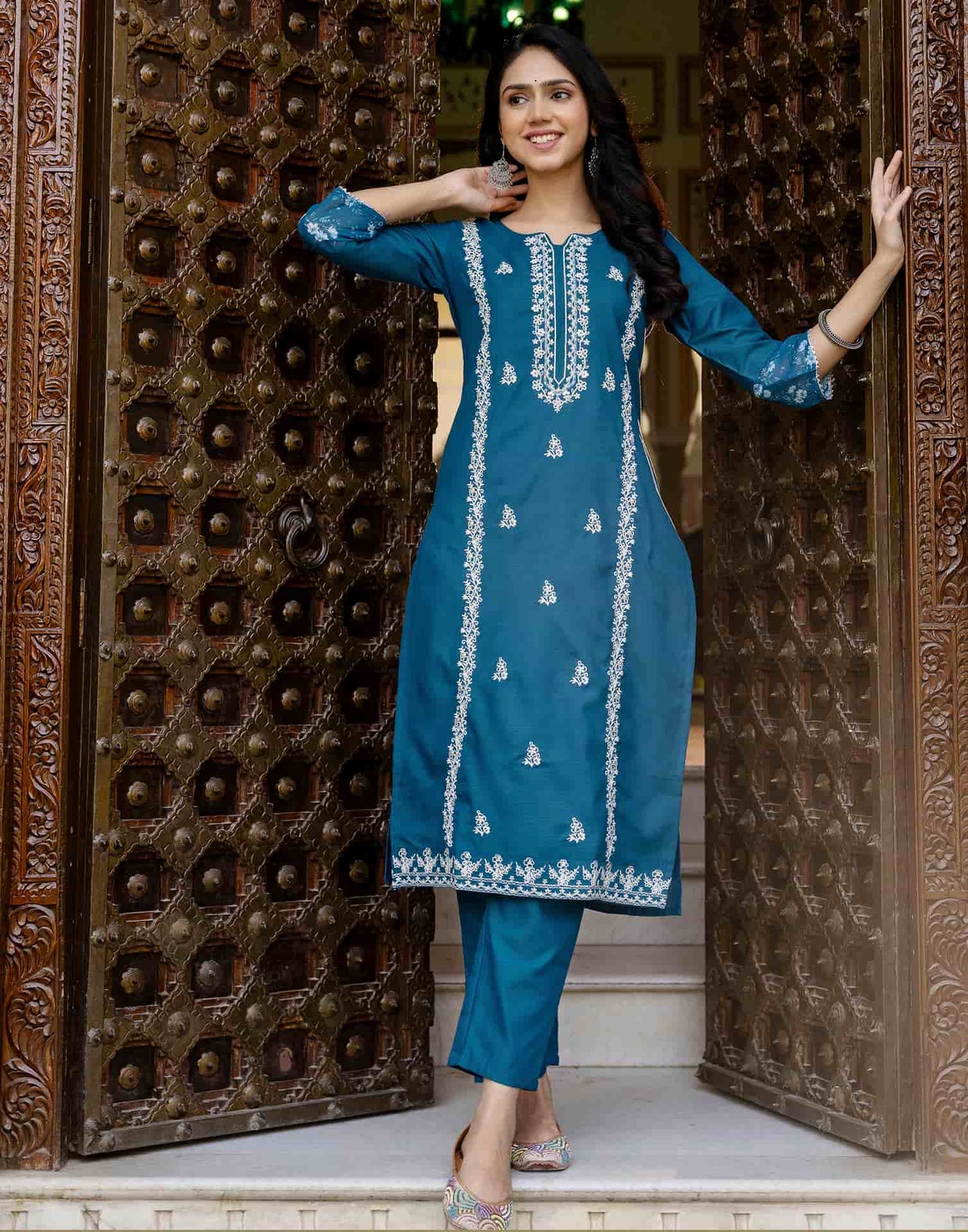 Cotton Blend Embroidery Work and Gota Lace A-Line Kurta with Pant & Dupatta