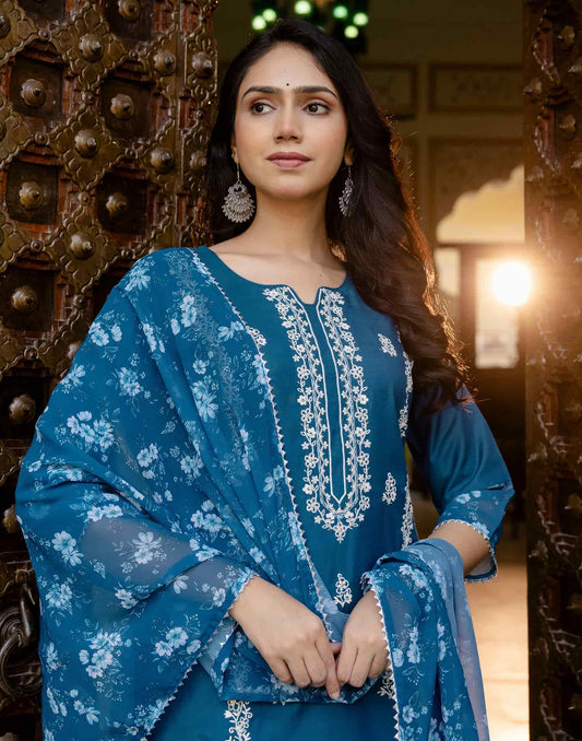 Cotton Blend Embroidery Work and Gota Lace A-Line Kurta with Pant & Dupatta