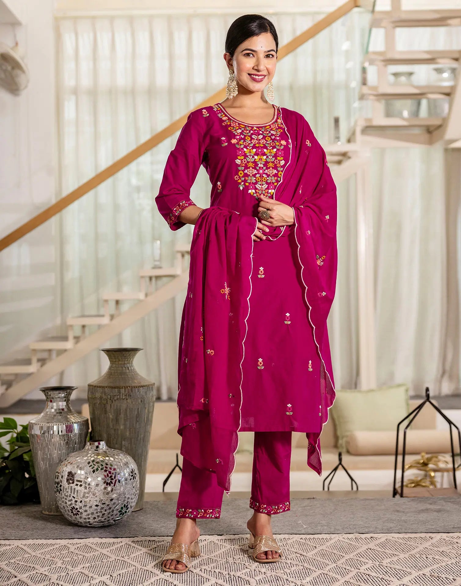 Pure Cotton Embroidered Straight 3 Piece Kurta Set
