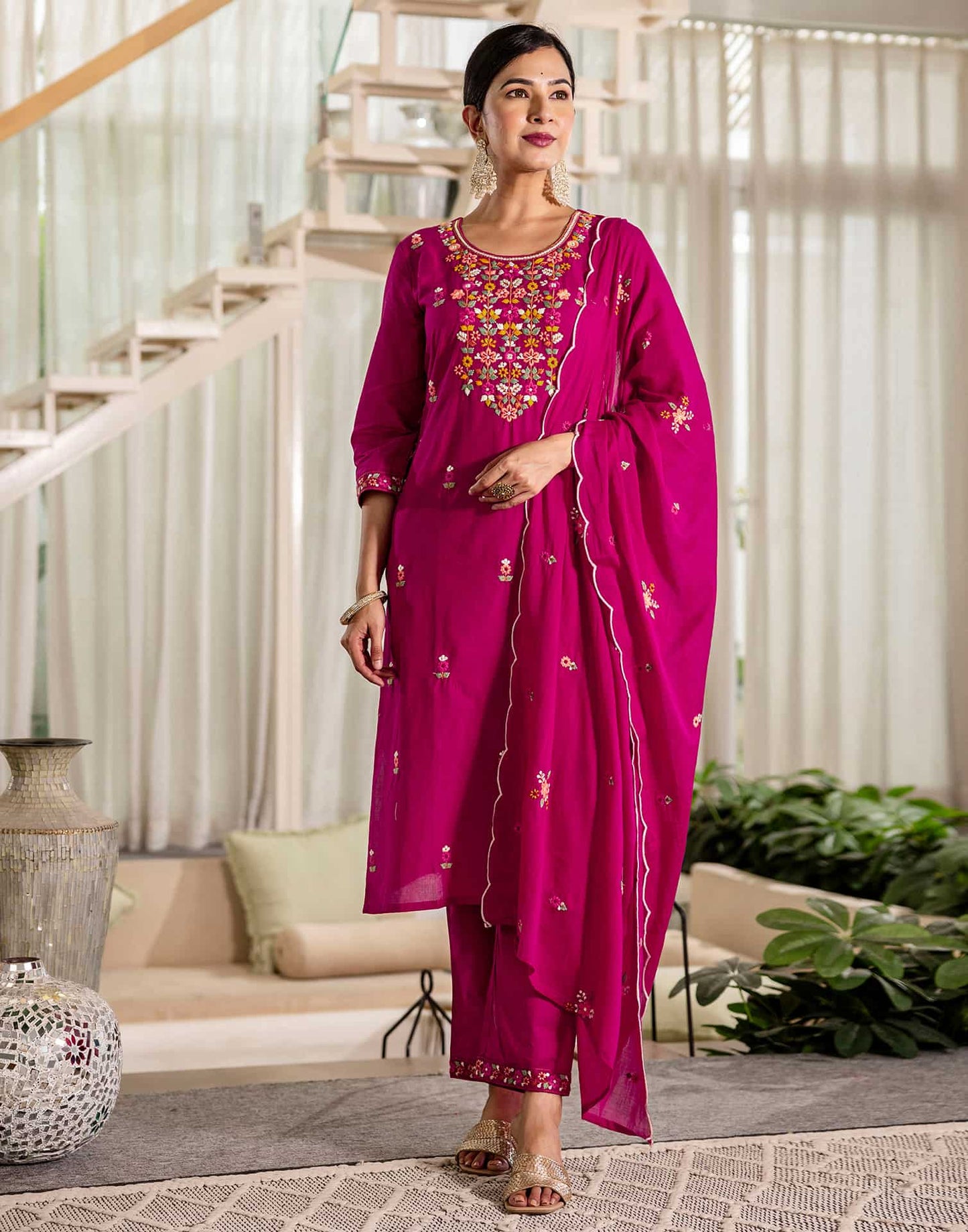Cotton Embroidered Straight Kurta with Pant & Dupatta