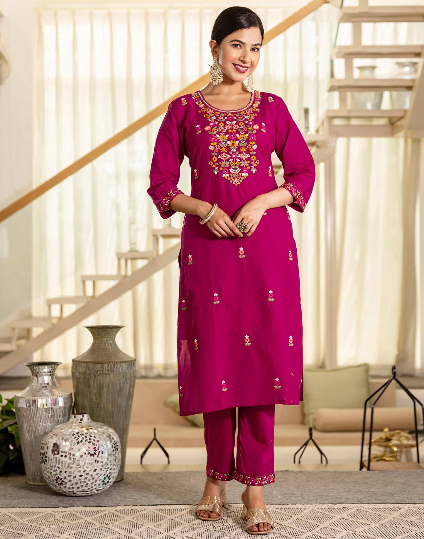 Cotton Embroidered Straight Kurta with Pant & Dupatta