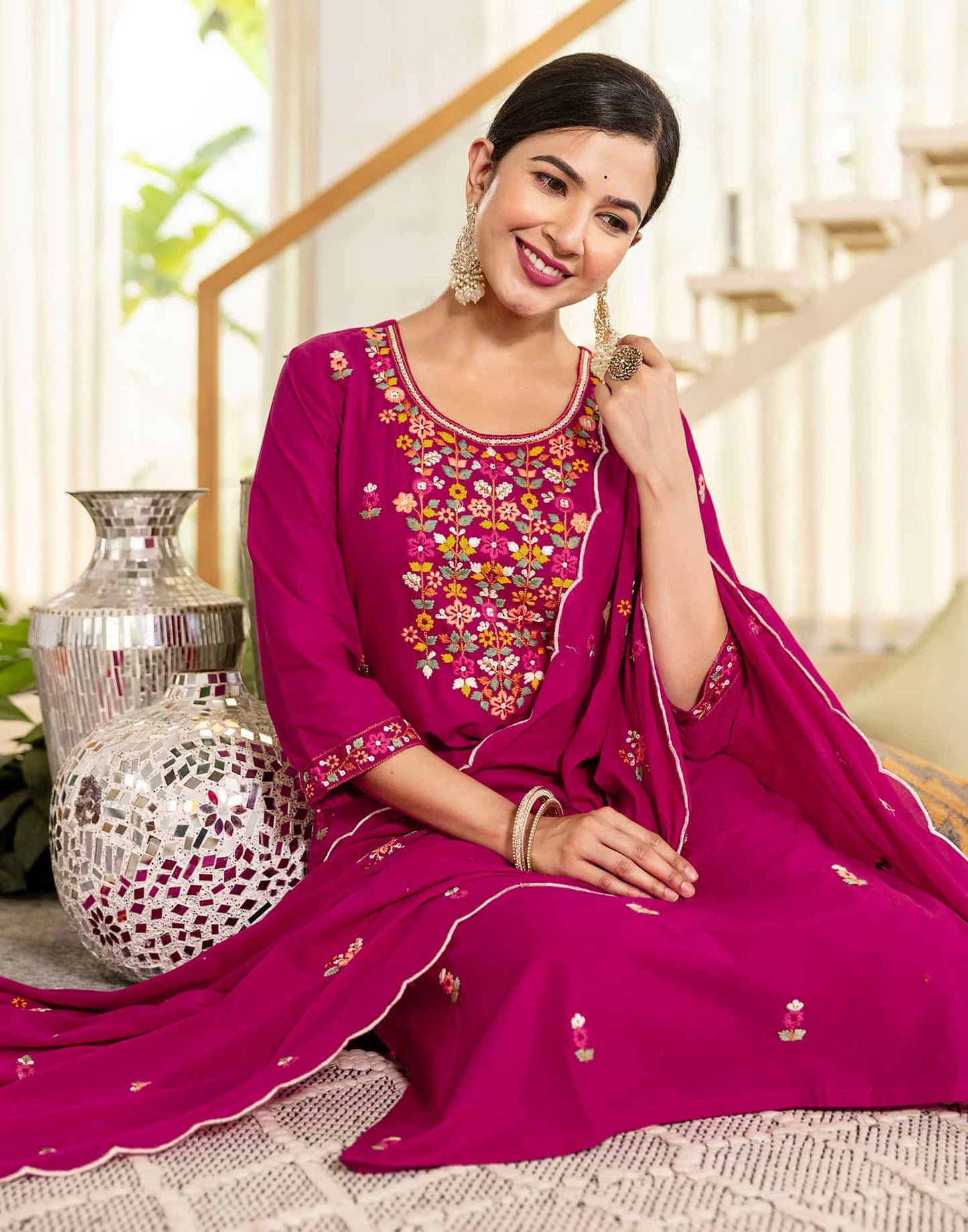 Cotton Embroidered Straight Kurta with Pant & Dupatta