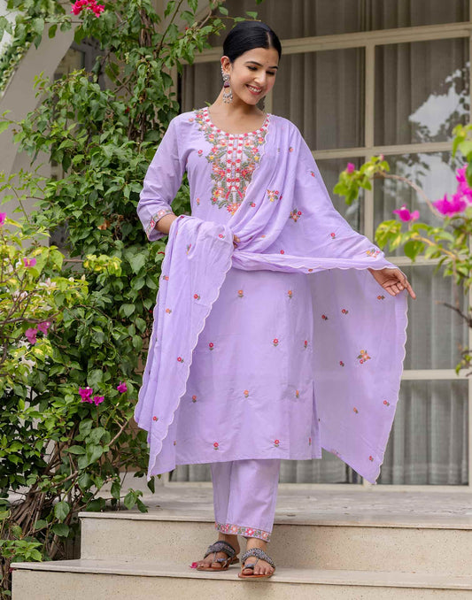 Skylee Purple Cotton Embroidered Straight Kurta with Pant & Dupatta