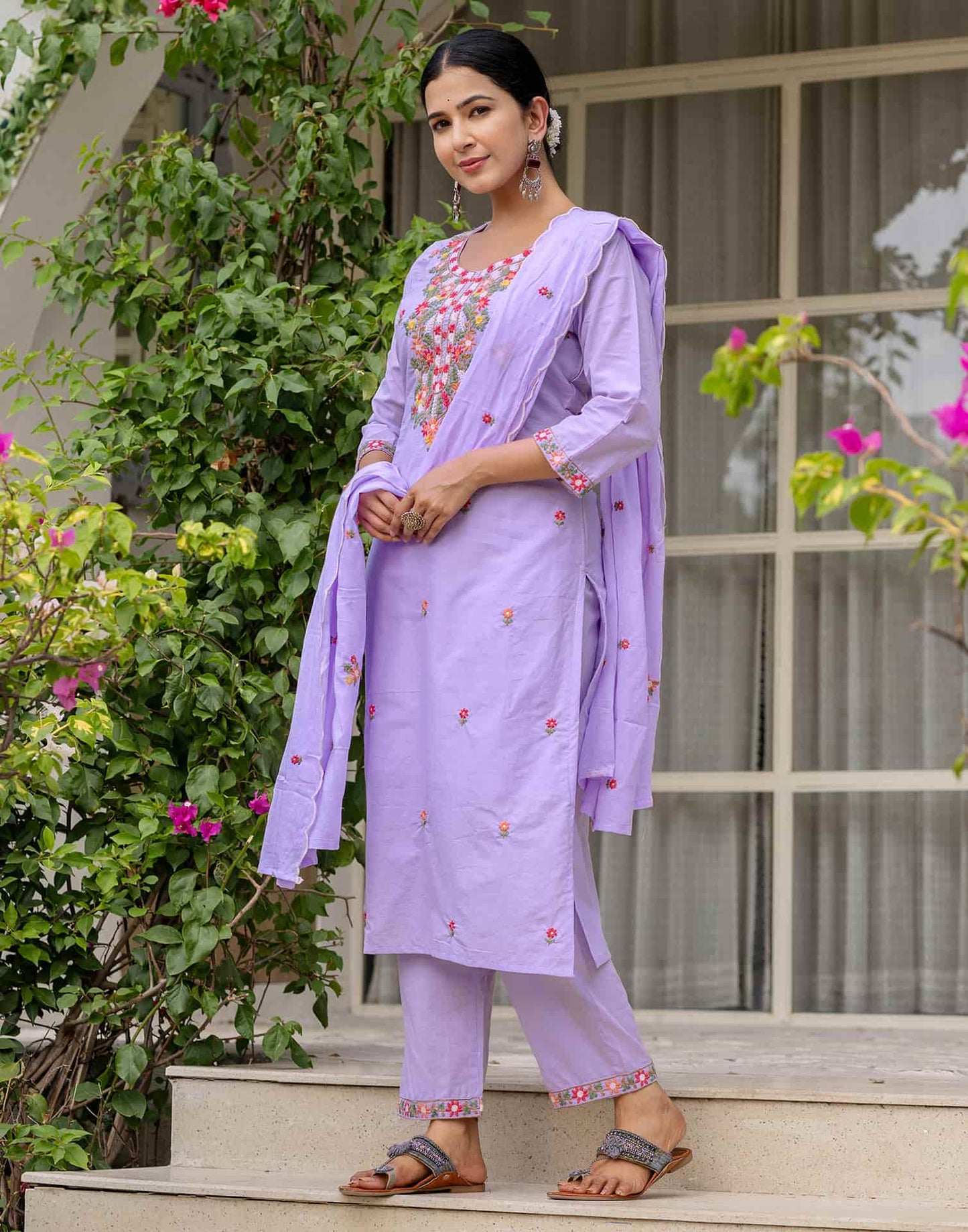 Cotton Embroidered Straight Kurta with Pant & Dupatta