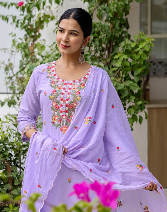 Cotton Embroidered Straight Kurta with Pant & Dupatta