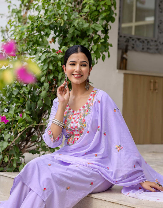 Cotton Embroidered Straight Kurta with Pant & Dupatta