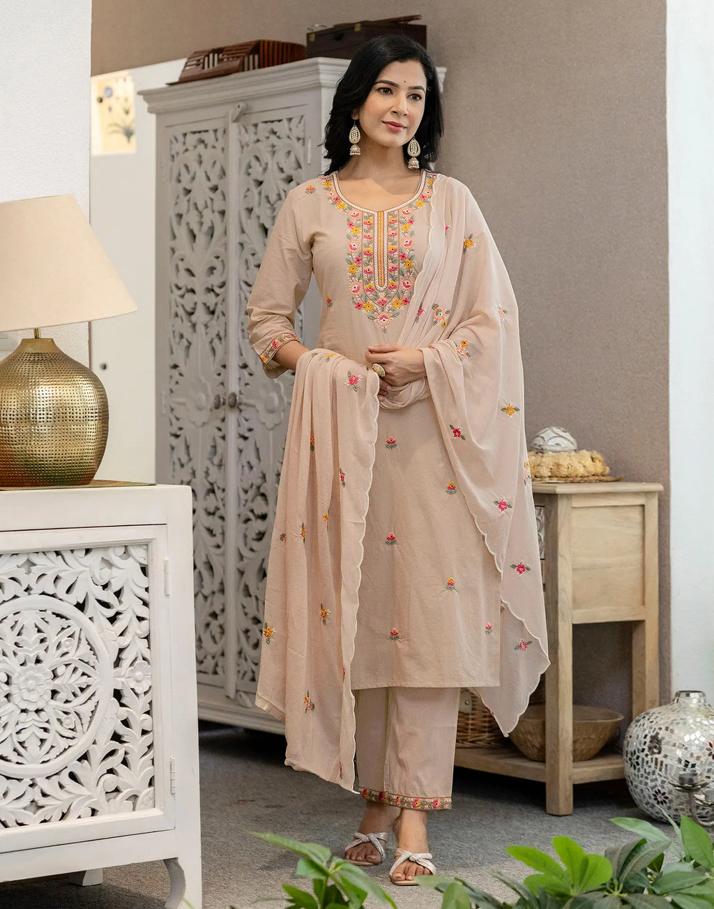 Pure Cotton Embroidered Straight 3 Piece Kurta Set