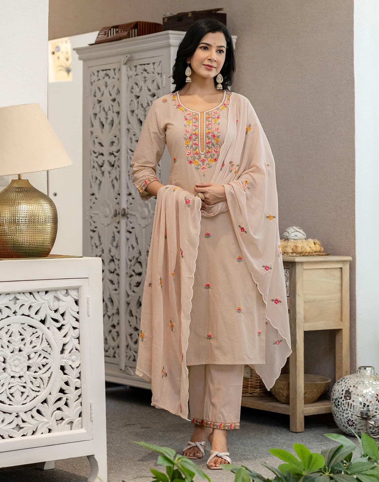 Cotton Embroidered Straight Kurta with Pant & Dupatta