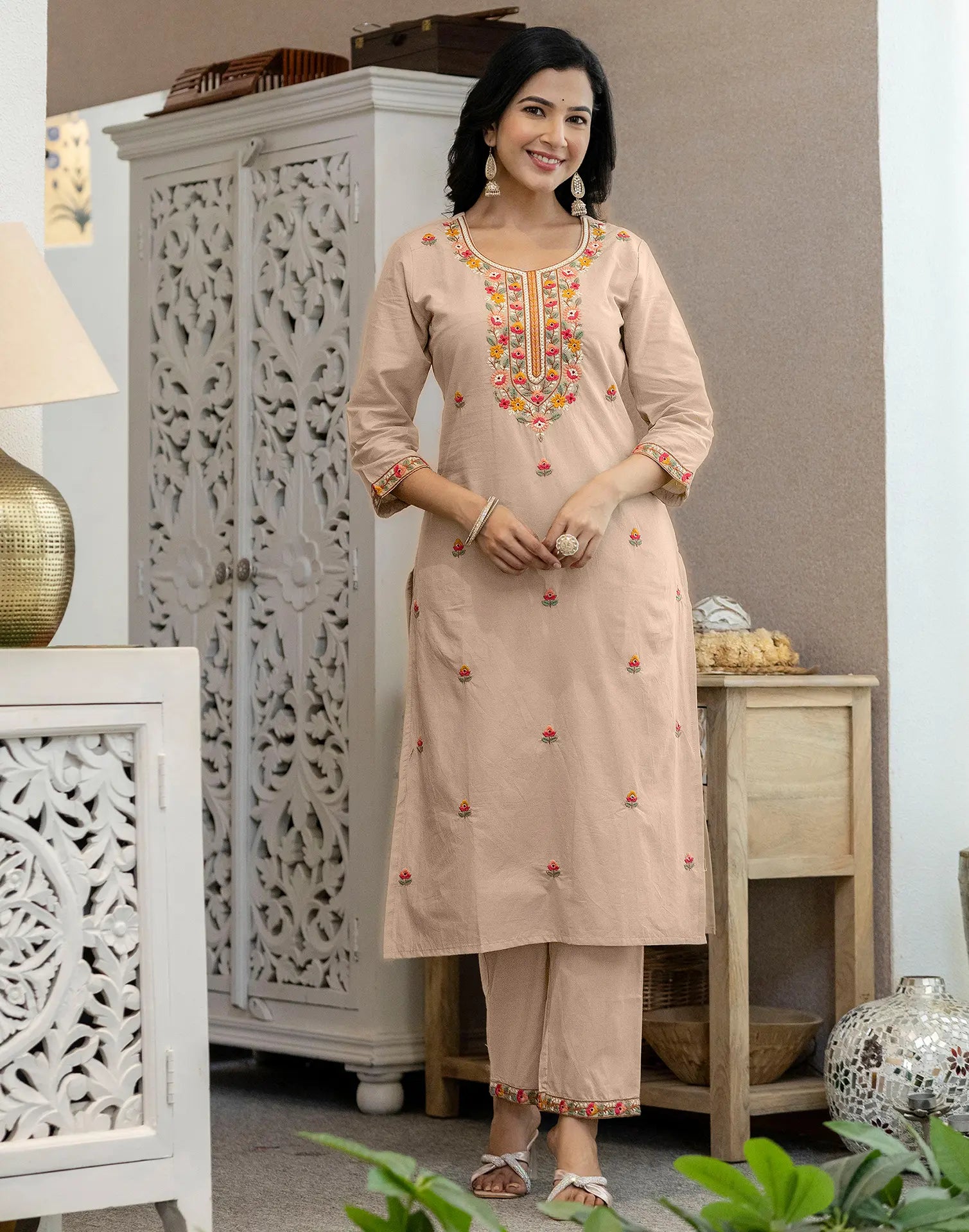 Pure Cotton Embroidered Straight 3 Piece Kurta Set