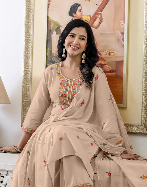 Pale Blush Beige Round Neck Thread Embroidery Straight 3 Piece Kurta Set With Dupatta