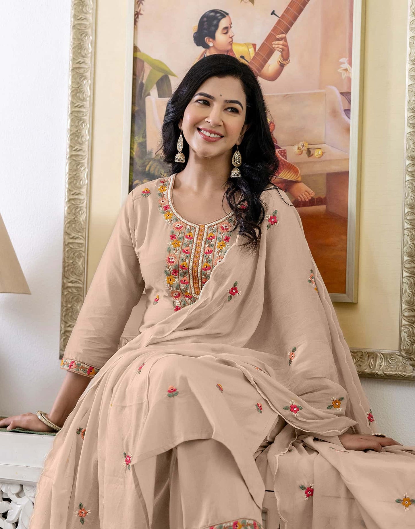 Cotton Embroidered Straight Kurta with Pant & Dupatta