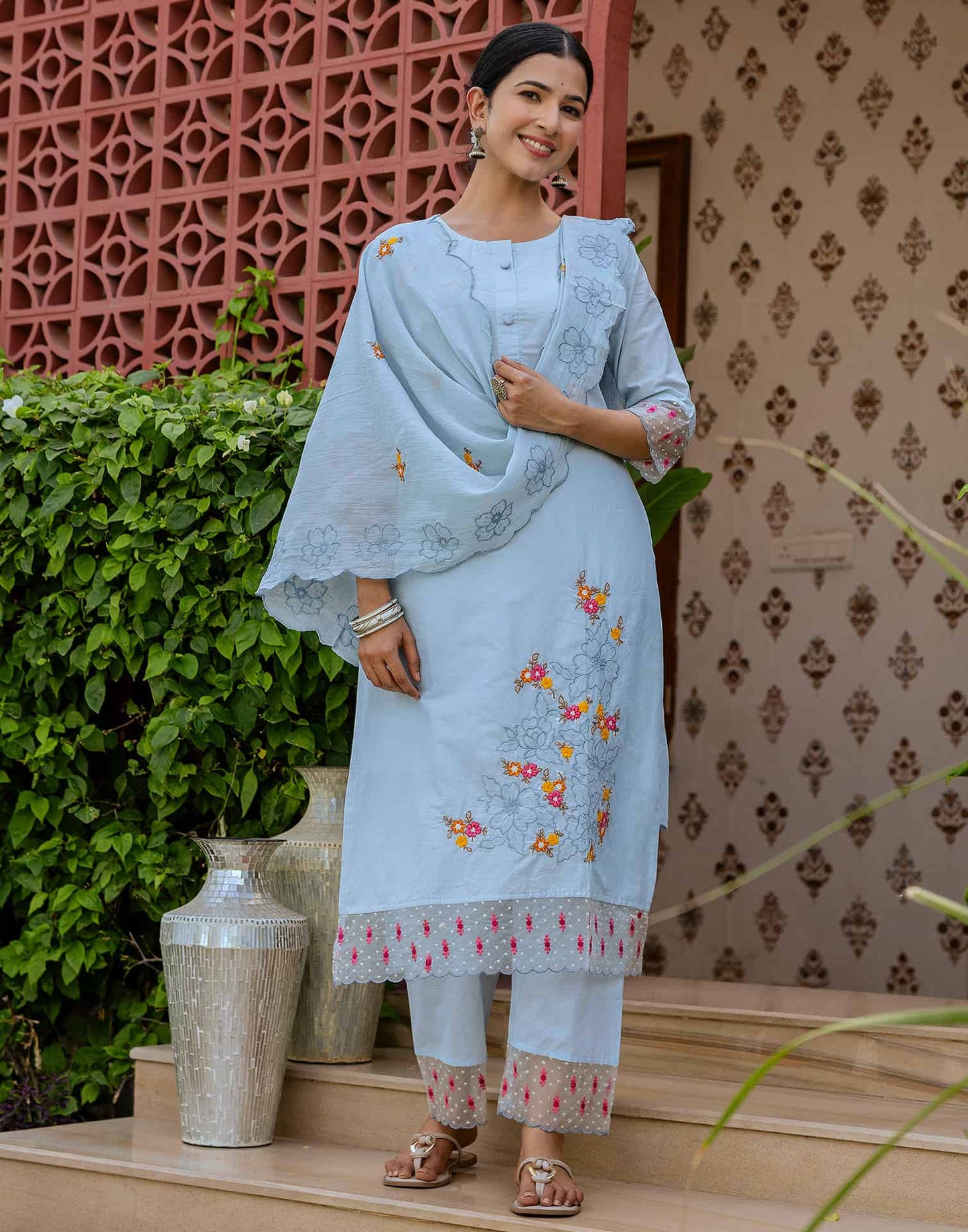 Cotton Embroidered Straight Kurta with Pant & Dupatta