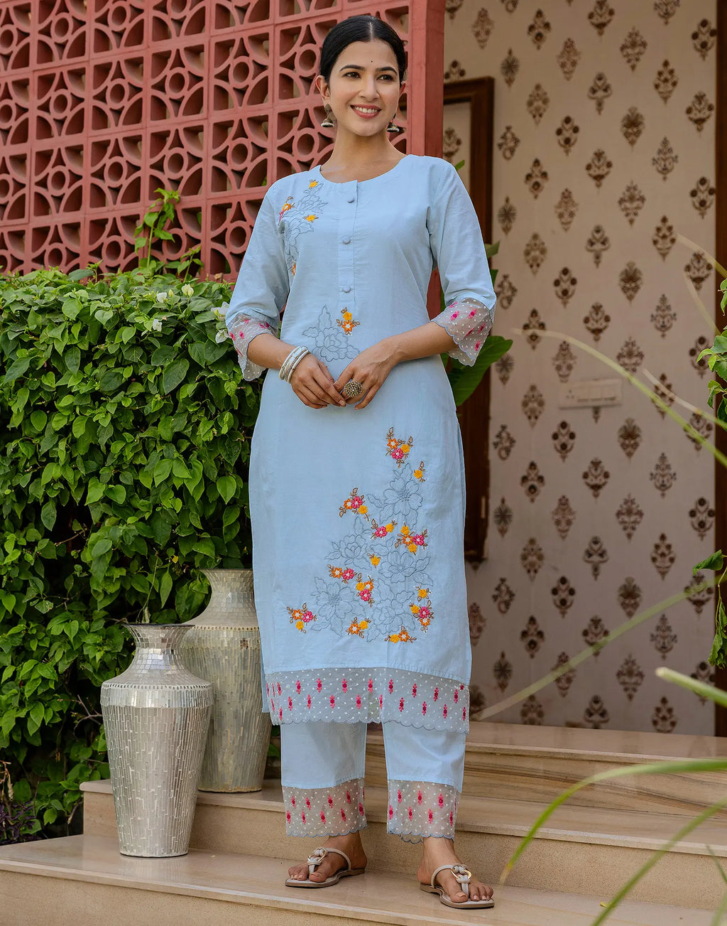 Pure Cotton Embroidered Straight 3 Piece Kurta Set