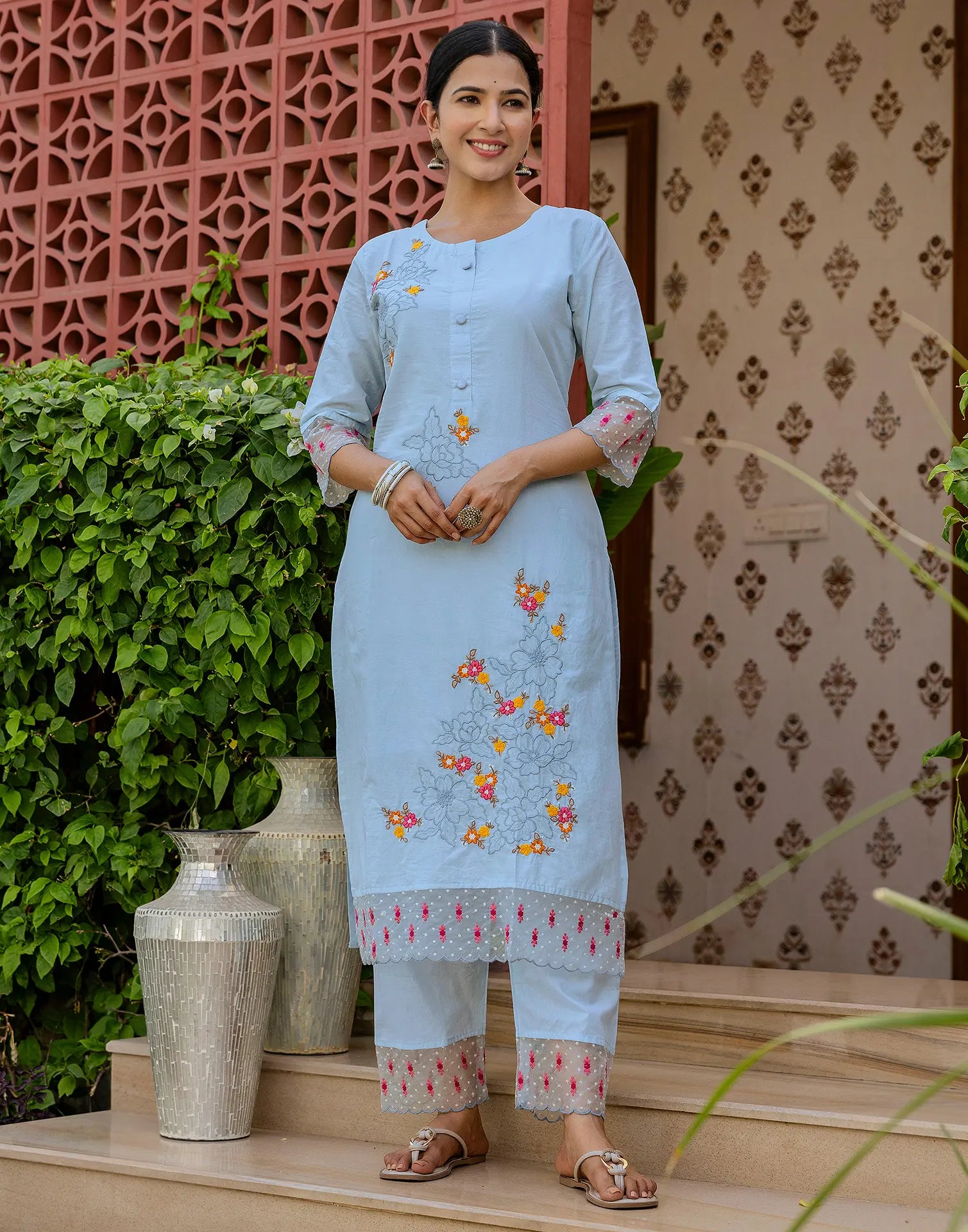 Pure Cotton Embroidered Straight 3 Piece Kurta Set