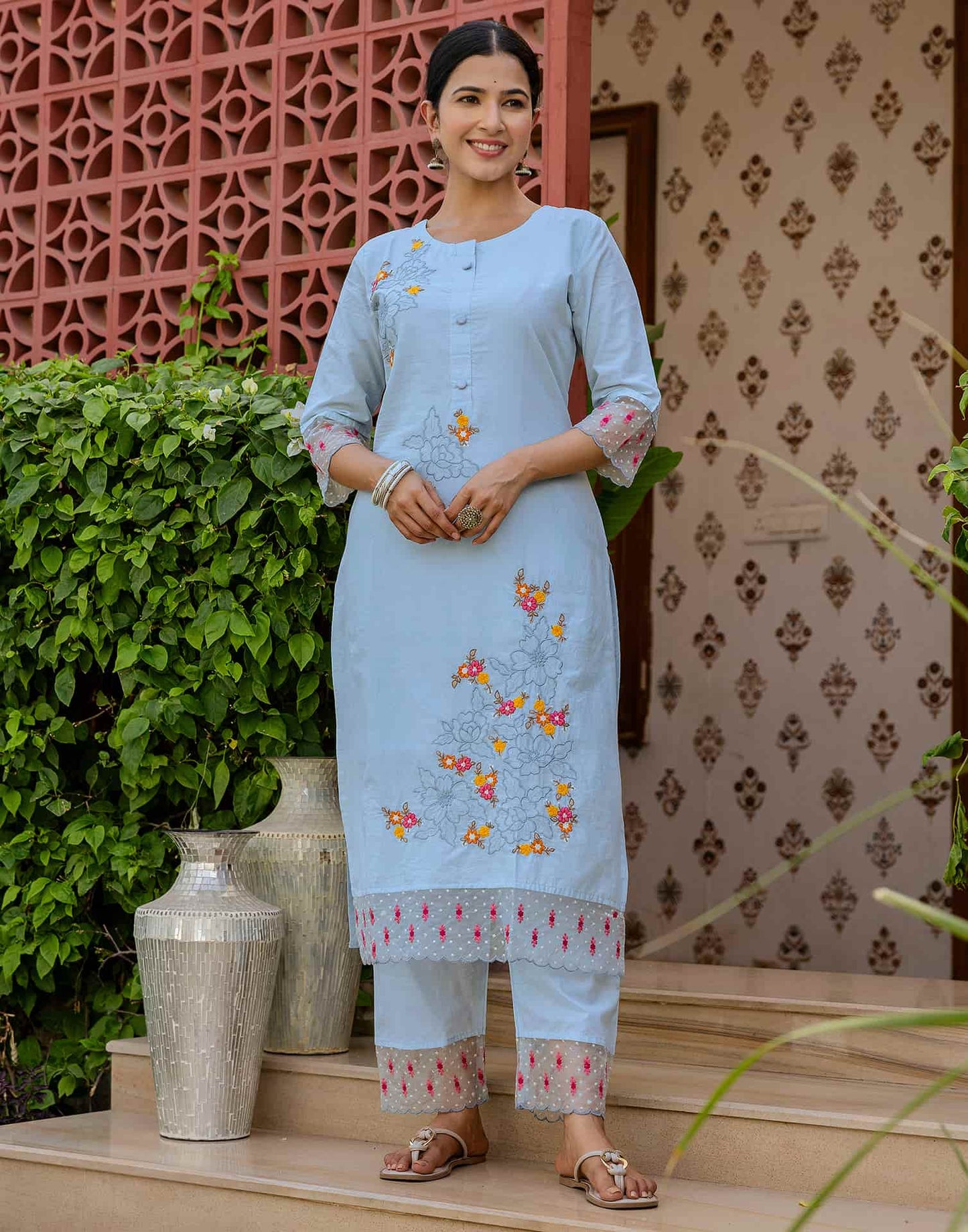 Cotton Embroidered Straight Kurta with Pant & Dupatta