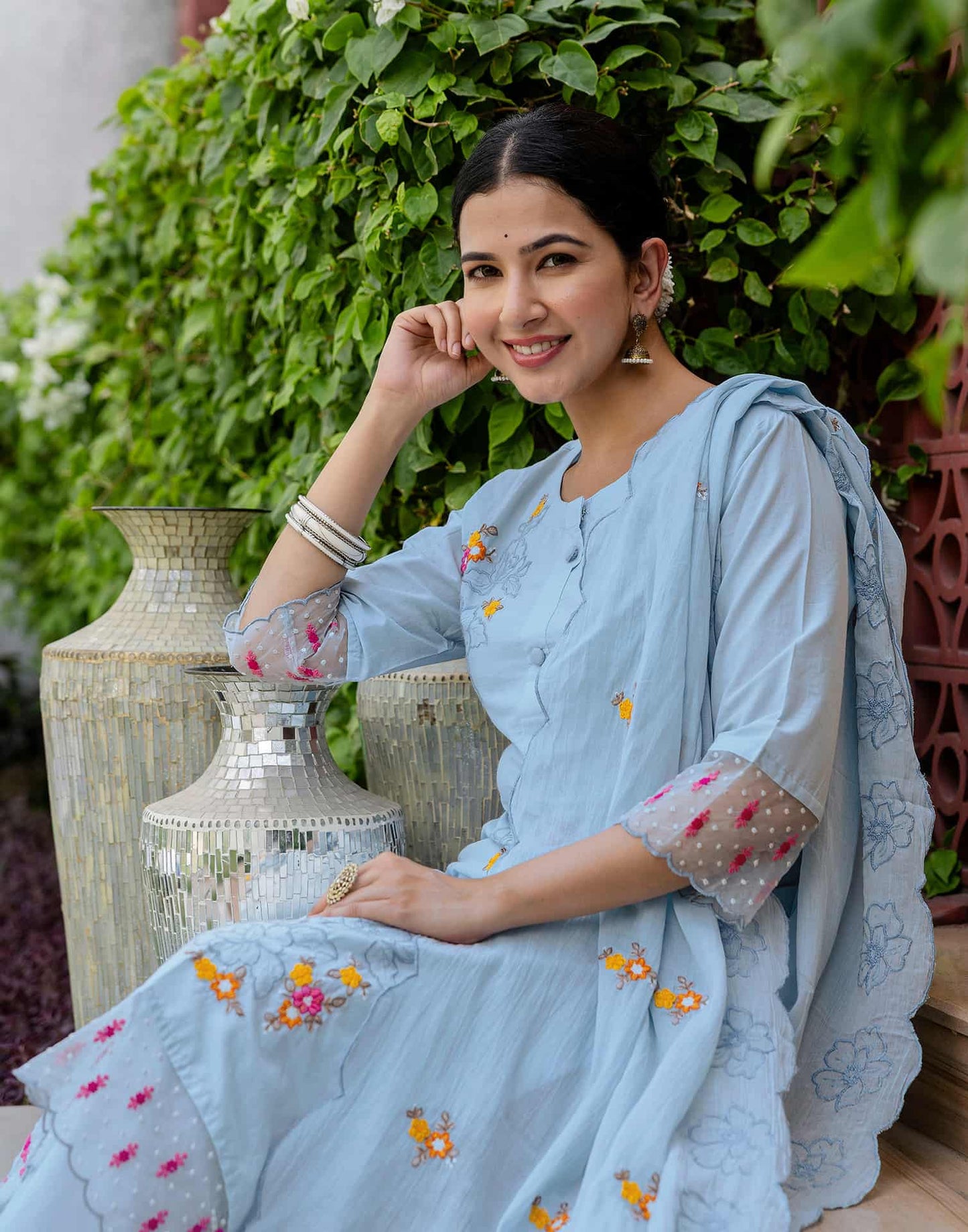 Cotton Embroidered Straight Kurta with Pant & Dupatta