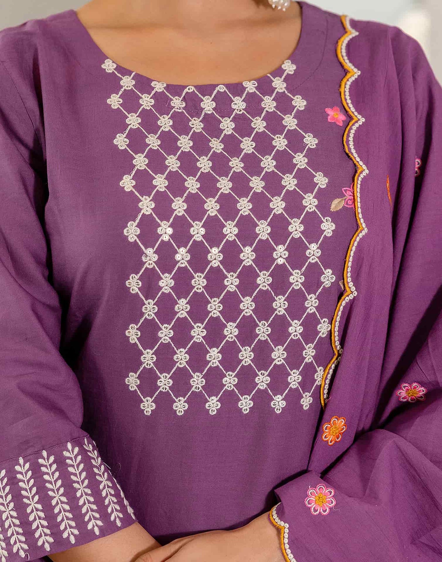 Cotton Embroidered Straight Kurta with Pant & Dupatta