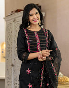 Poly Chinnon Embroidered Straight 3 Piece Kurta Set
