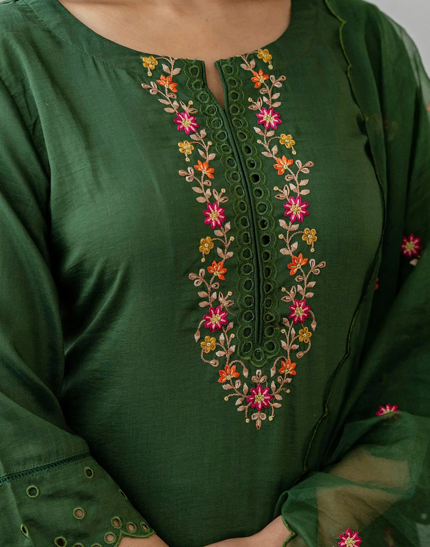 Poly Chinnon Embroidered Straight 3 Piece Kurta Set