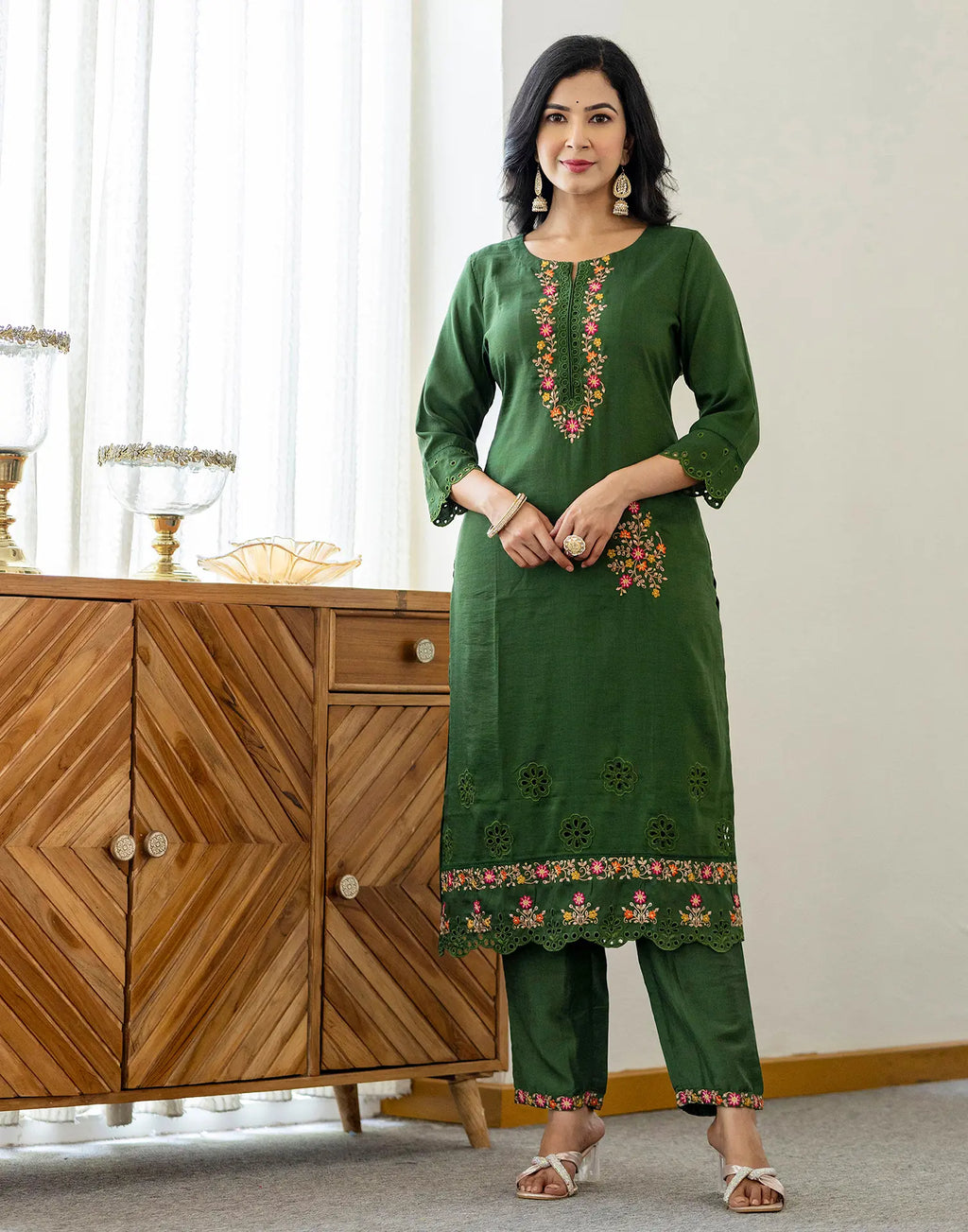 Poly Chinnon Embroidered Straight 3 Piece Kurta Set