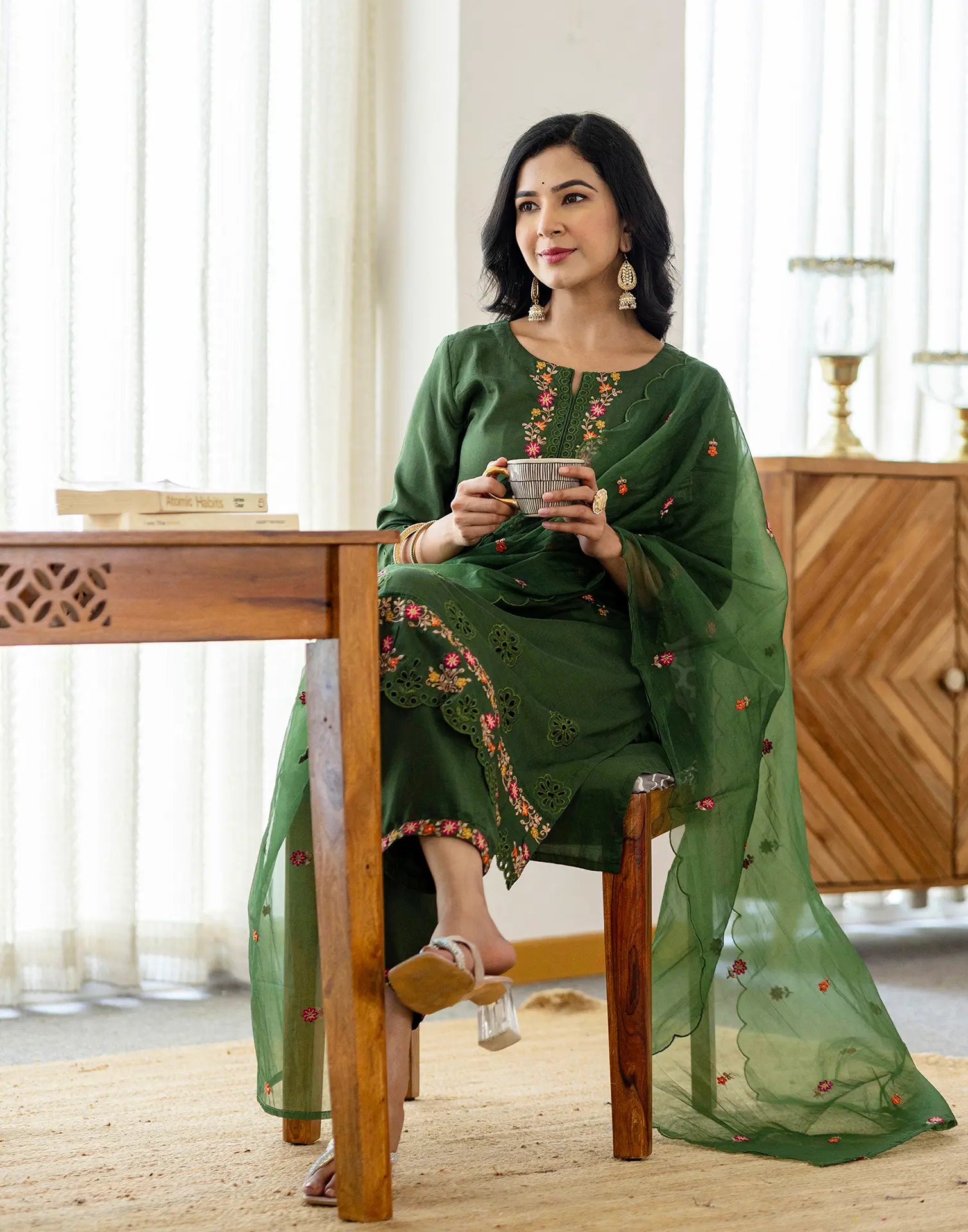 Poly Chinnon Embroidered Straight 3 Piece Kurta Set