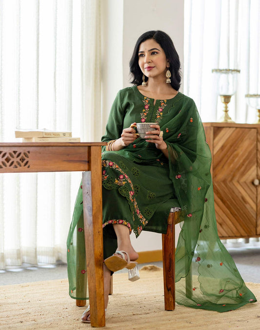 Silk Blend Embroidery, Sequins Work and Embroidery Lace Straight Kurta with Pant & Dupatta