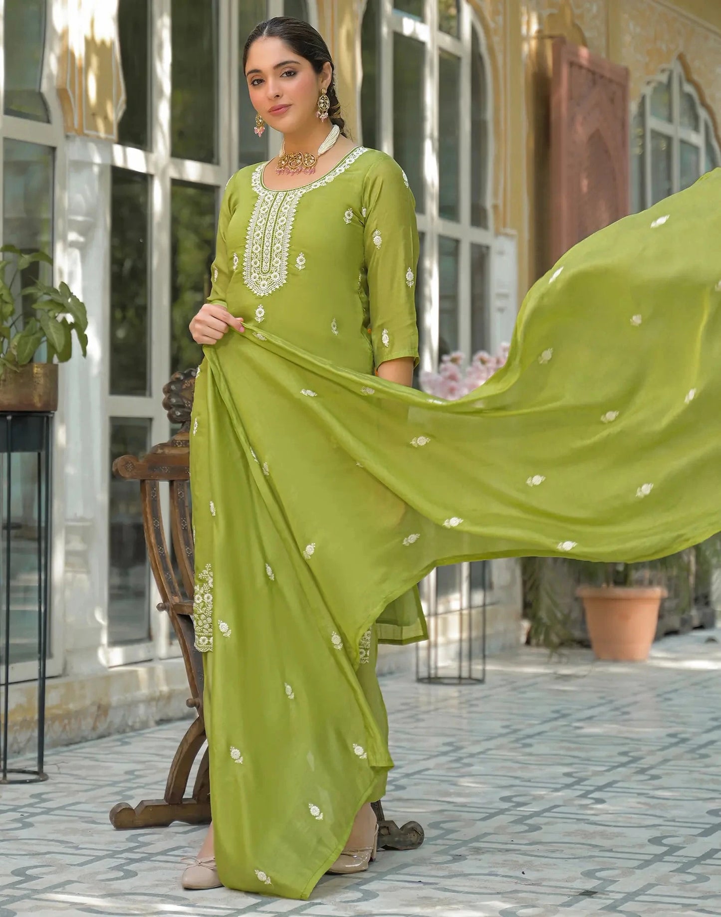 Silk Embroidered Straight Round Neck Kurta with Pant & Dupatta