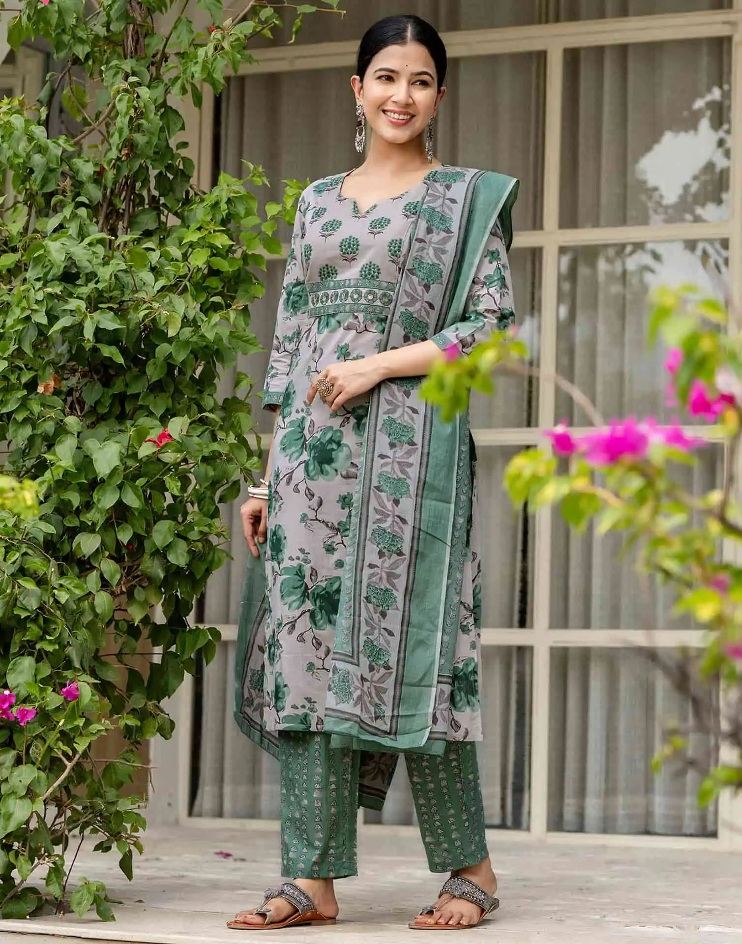 Grey Cotton Printed Straight Kurta Set with Pant and Dupatta