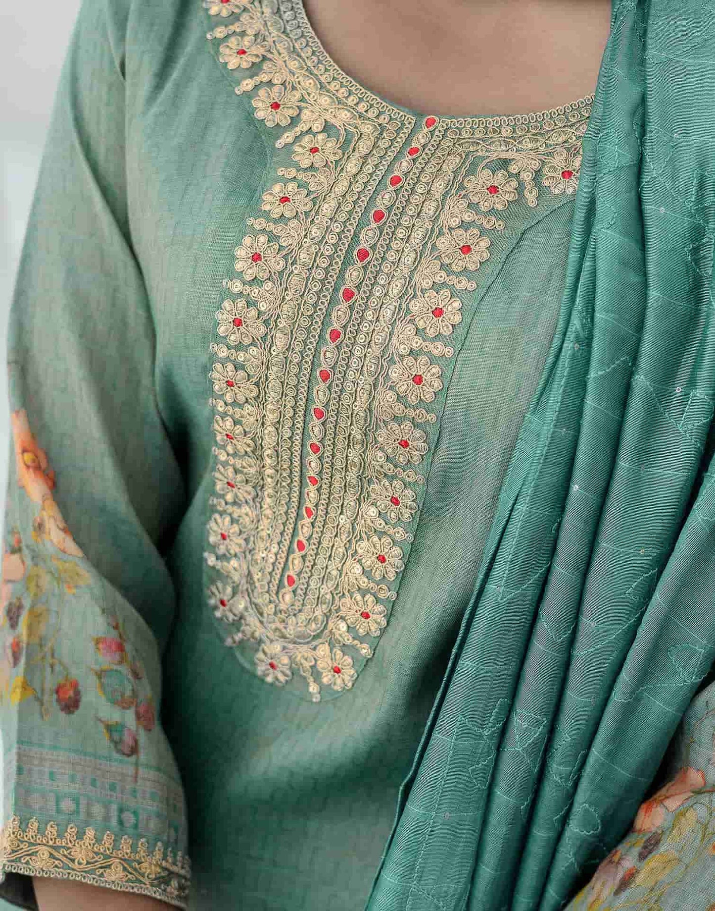 Silk Embroidered Straight Kurta with Pant & Dupatta