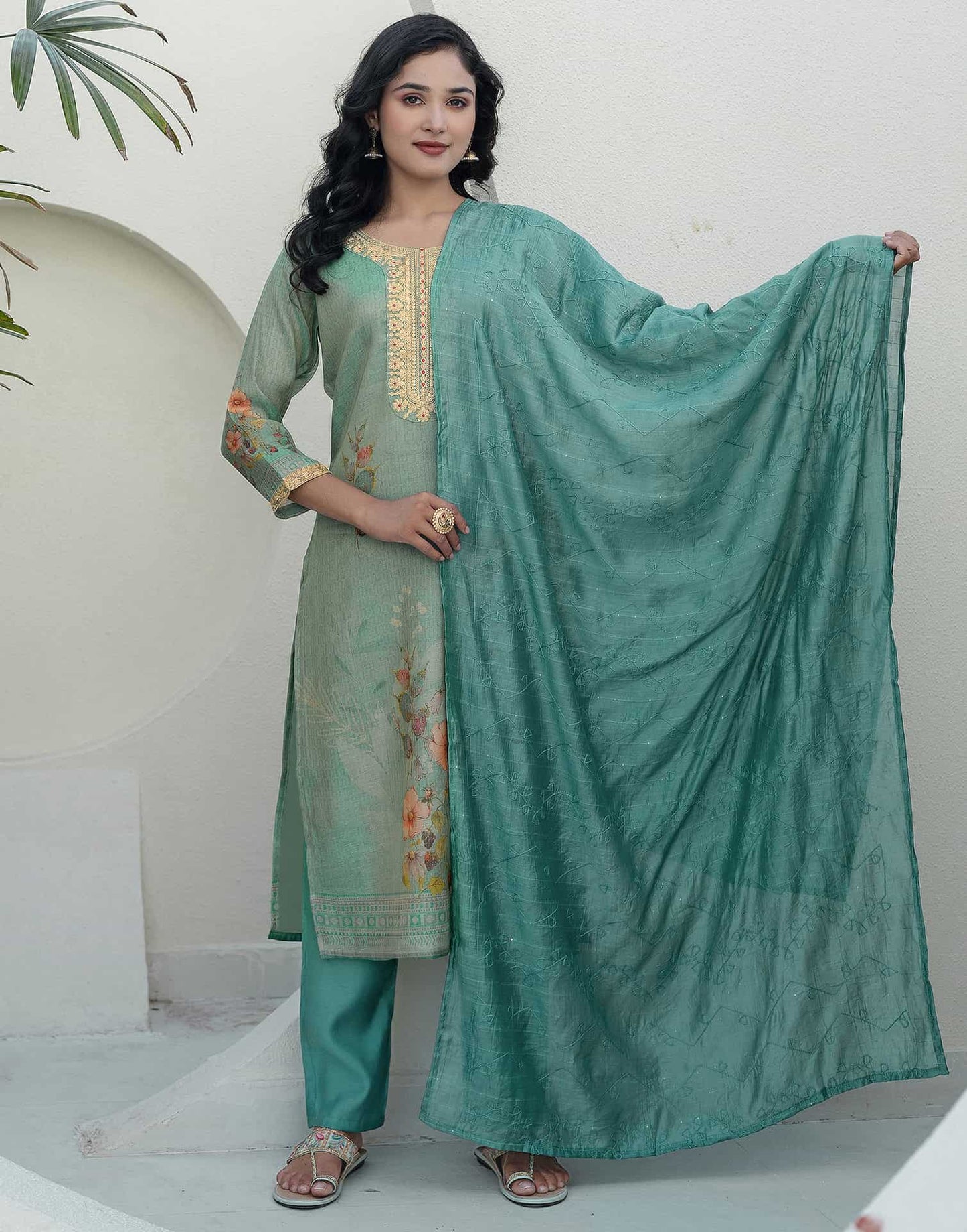 Silk Embroidered Straight Kurta with Pant & Dupatta
